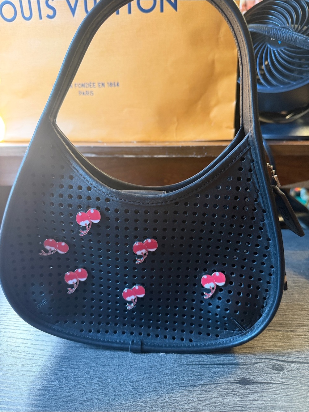 Coachtopia Black Perforated Hobo with Red Cherry Accents